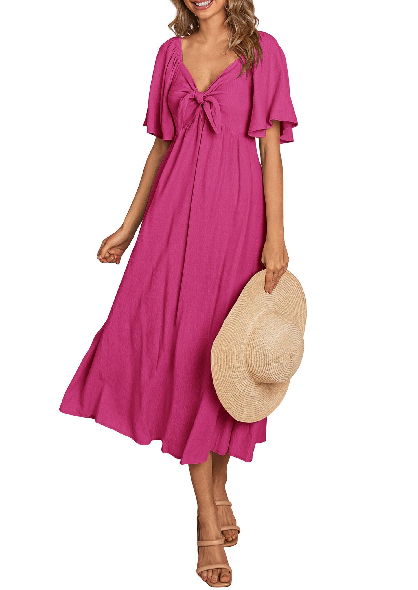 PRETTYGARDEN 2025 Summer Dress for Women Casual Short Sleeve Bow Tie V Neck Ruffle Midi Flowy Dresses