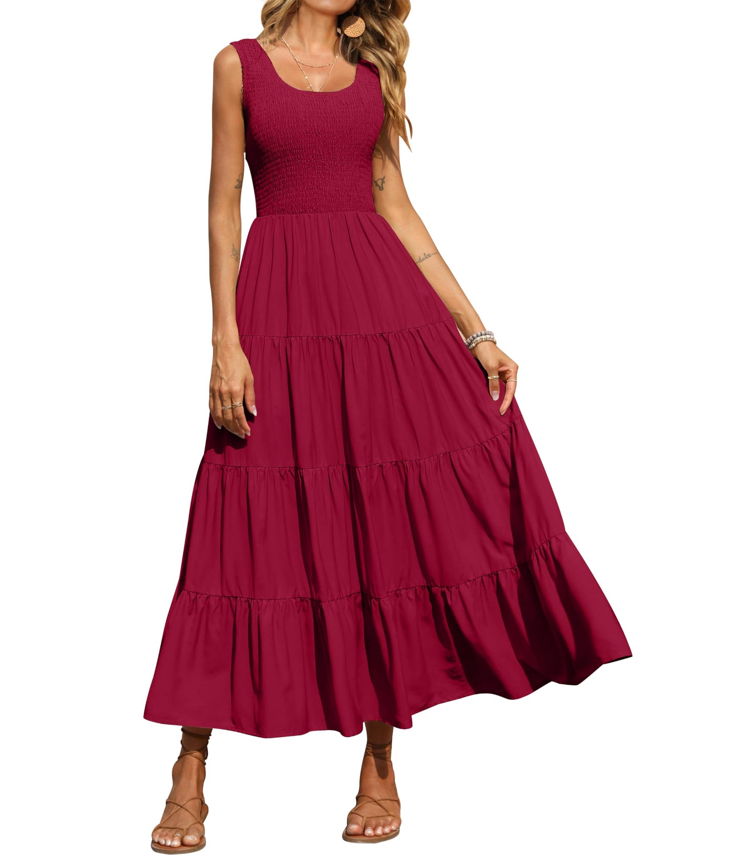 PRETTYGARDEN Women's 2025 Casual Loose Plain Maxi Sundress Smocked Tank Dress Sleeveless Summer Beach Tiered Long Dresses