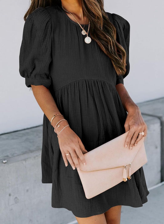 Dokotoo Womens 2025 Spring Summer Crewneck Puff Sleeve Babydoll Elegant Empire Waist Mini Swing Skater Dresses with Pockets