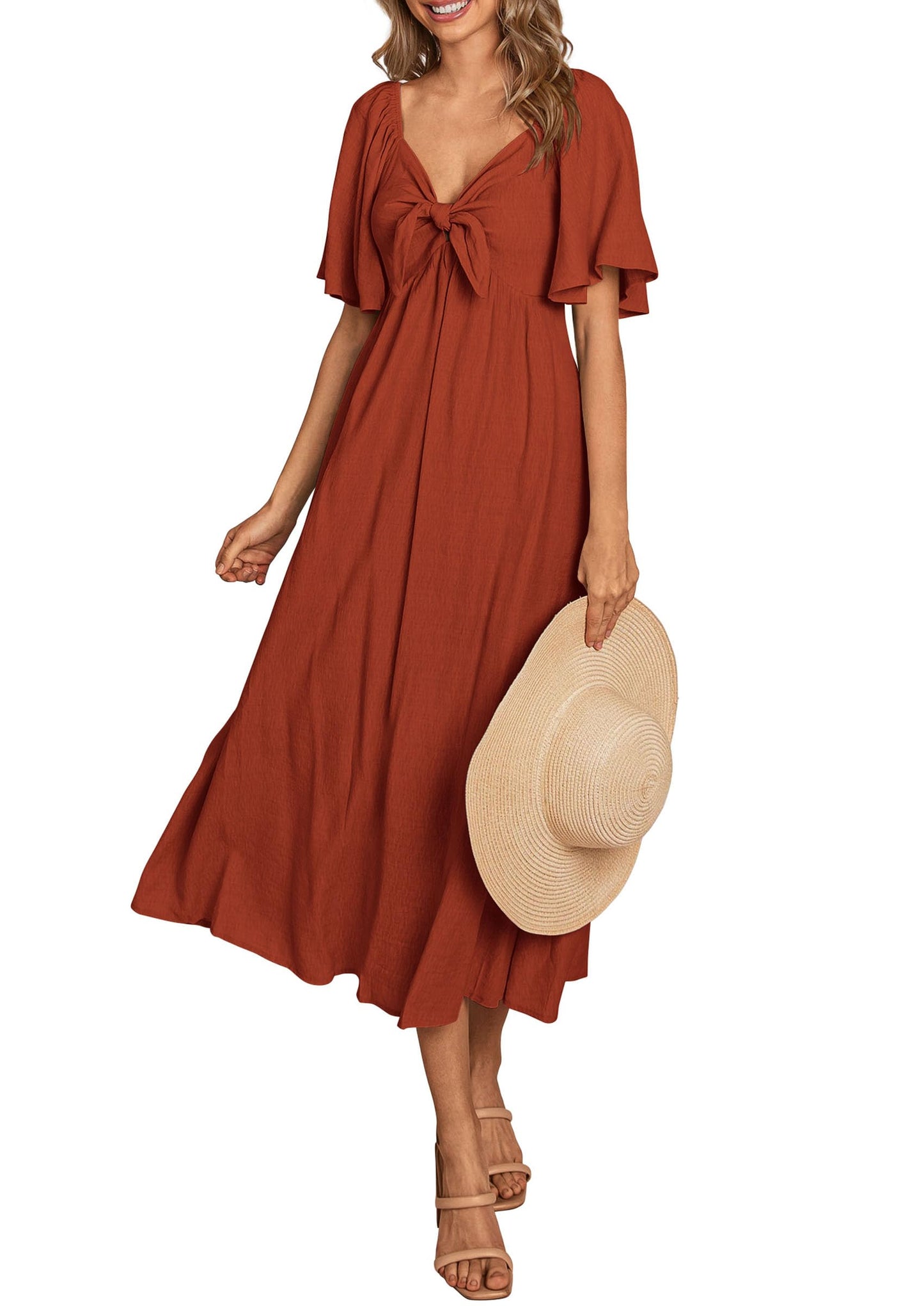 PRETTYGARDEN 2025 Summer Dress for Women Casual Short Sleeve Bow Tie V Neck Ruffle Midi Flowy Dresses