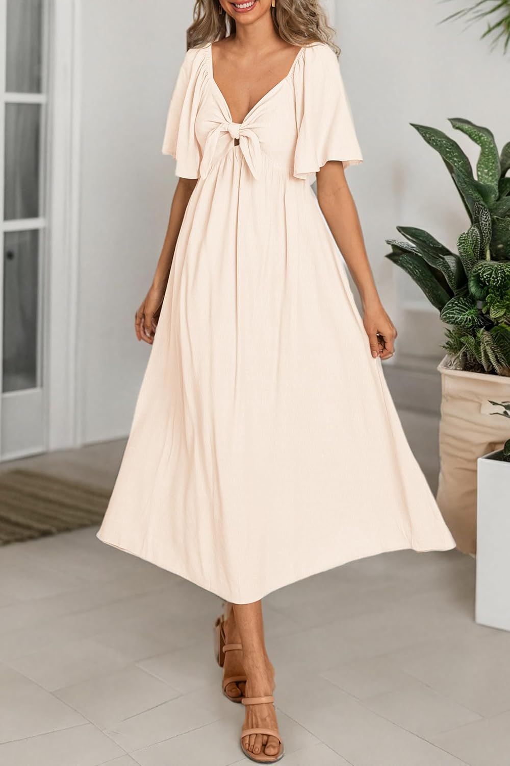 PRETTYGARDEN 2025 Summer Dress for Women Casual Short Sleeve Bow Tie V Neck Ruffle Midi Flowy Dresses