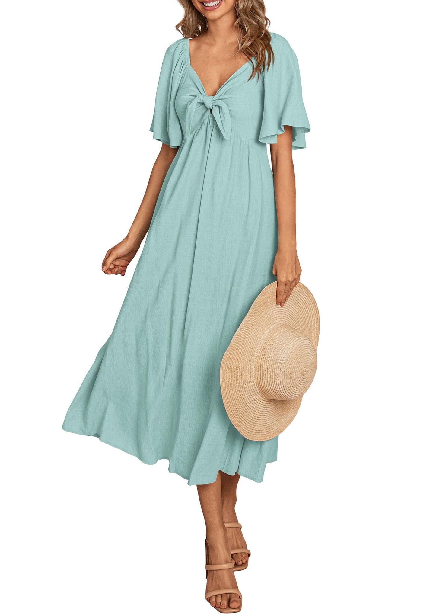 PRETTYGARDEN 2025 Summer Dress for Women Casual Short Sleeve Bow Tie V Neck Ruffle Midi Flowy Dresses