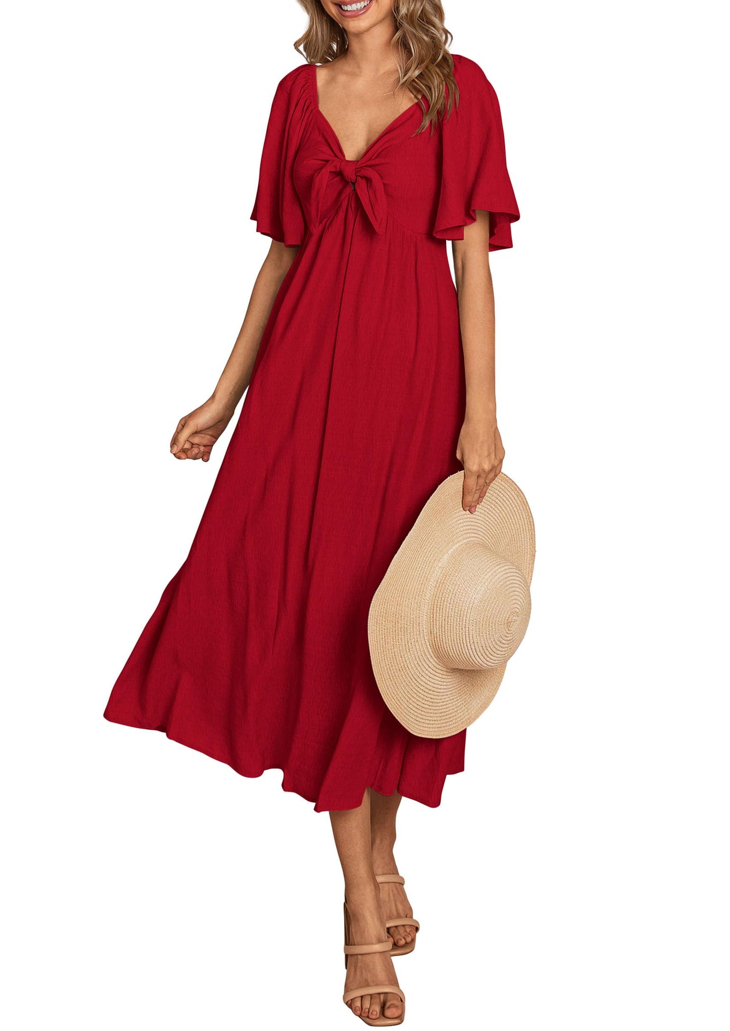 PRETTYGARDEN 2025 Summer Dress for Women Casual Short Sleeve Bow Tie V Neck Ruffle Midi Flowy Dresses