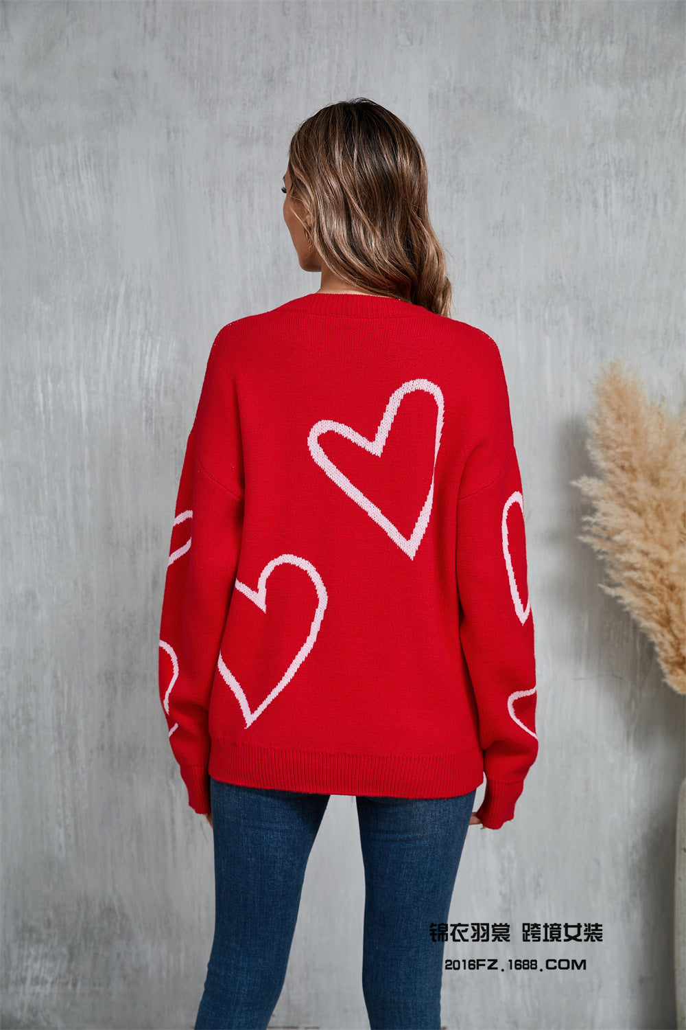 Herbst und Winter herzförmiger Rundhals-Strickpullover mit warmem