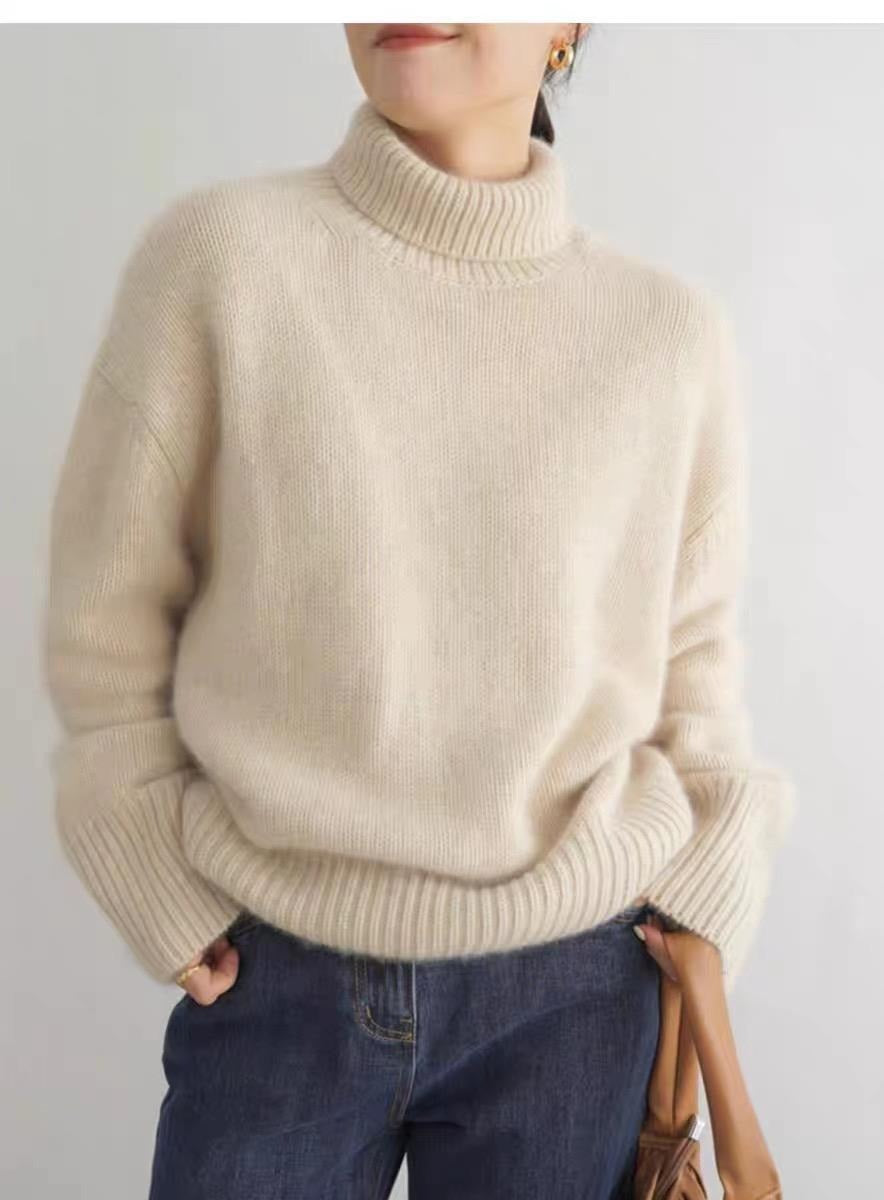 Strickpullover im Lazy-Style mit hohem Kragen für Damen weiche einfarbige Farbe lockere Innenbekleidung