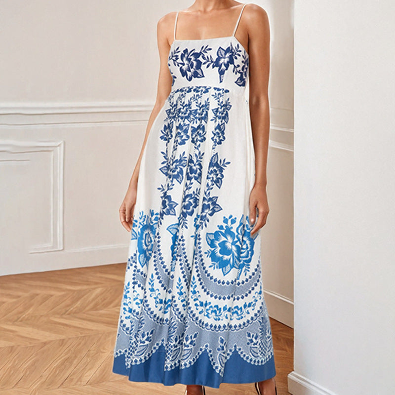 Böhmischer Stil Elegantes Freizeitkleid mit hoher Taille und bedrucktem Hosenträger