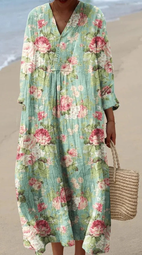 Lässiges Langarmkleid mit Blumenmuster und 3D-Print