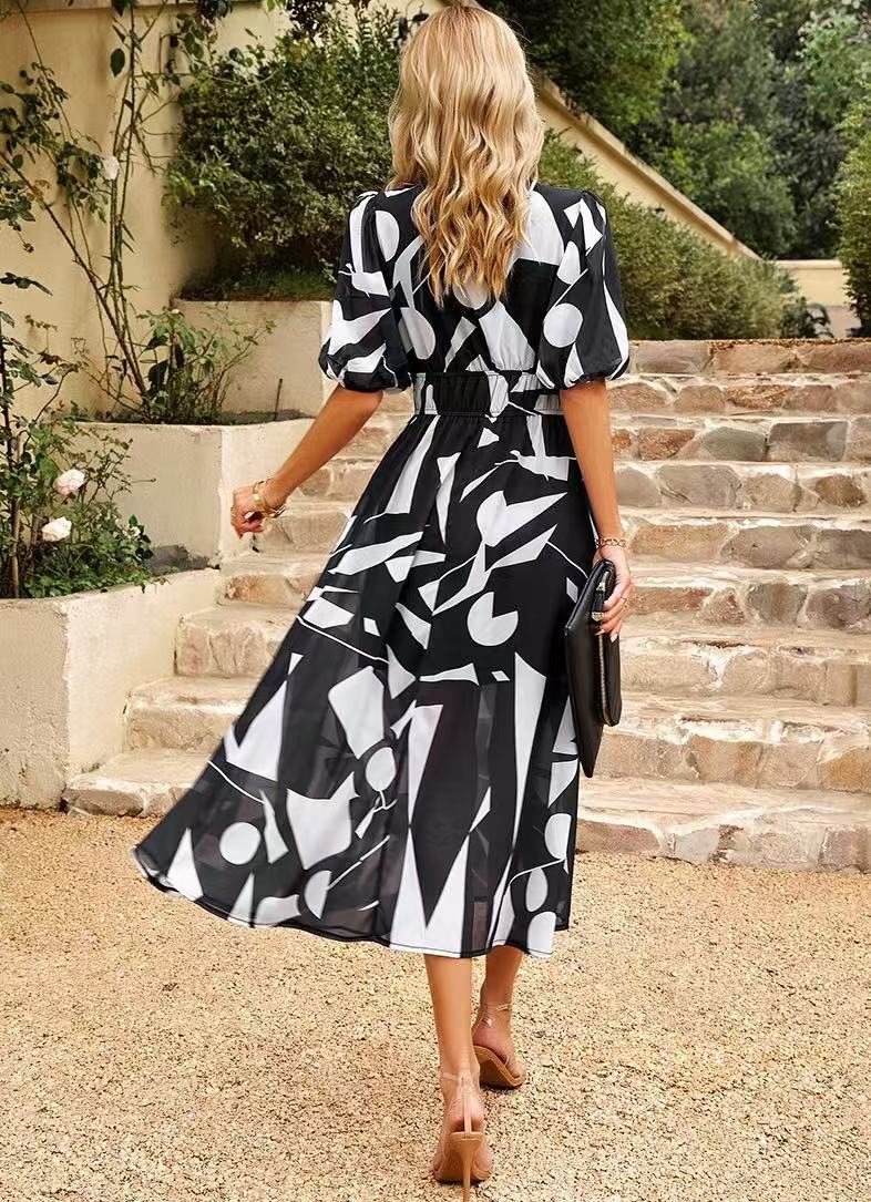 Böhmischer Stil Kleid mit V-Ausschnitt und Print
