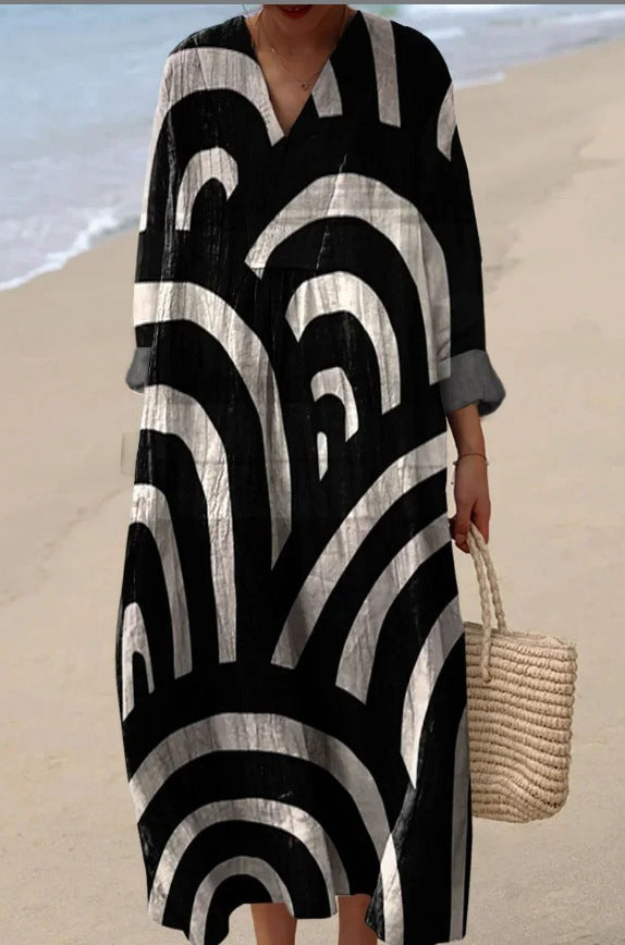 Lässiges Langarmkleid mit Blumenmuster und 3D-Print