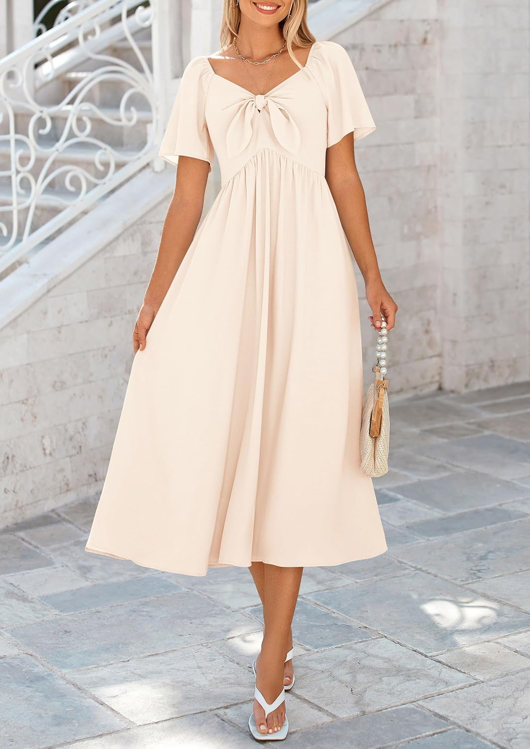 PRETTYGARDEN 2025 Summer Dress for Women Casual Short Sleeve Bow Tie V Neck Ruffle Midi Flowy Dresses