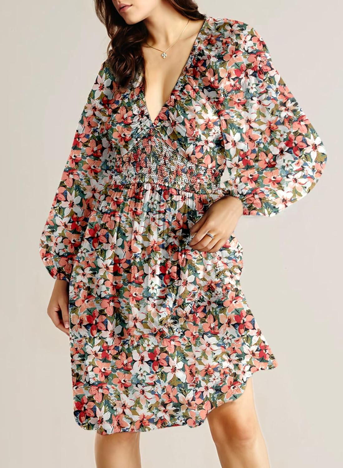 Dokotoo Womens Dresses 2025 Boho Floral V Neck Long Sleeve Smocked Elastic Waist Casual A-Line Swing Mini Dress Sundress
