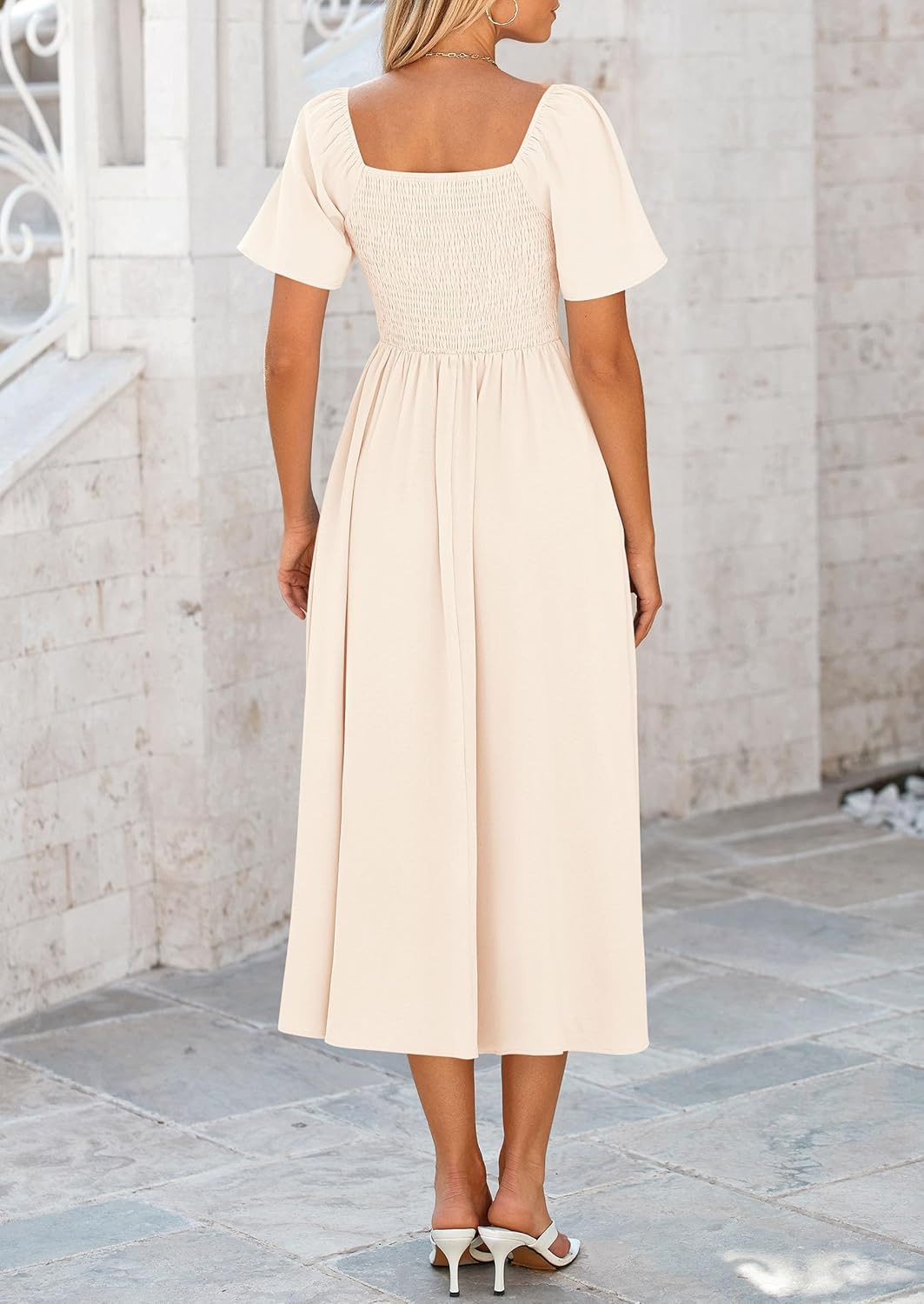 PRETTYGARDEN 2025 Summer Dress for Women Casual Short Sleeve Bow Tie V Neck Ruffle Midi Flowy Dresses