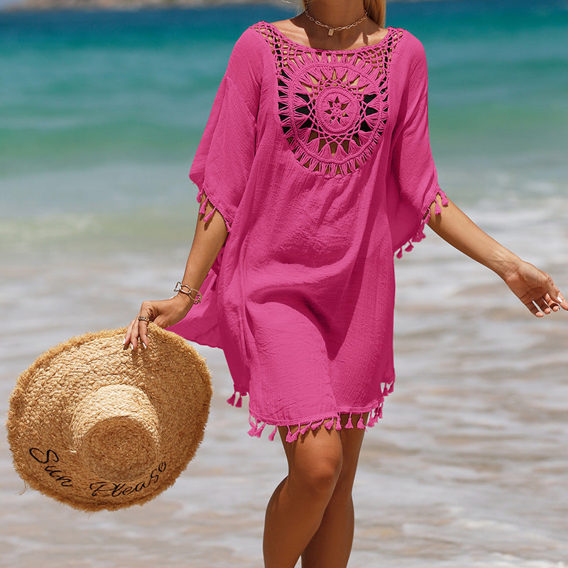 Winddichtes Strandkleid mit schulterfreiem Schnitt und losen Quasten