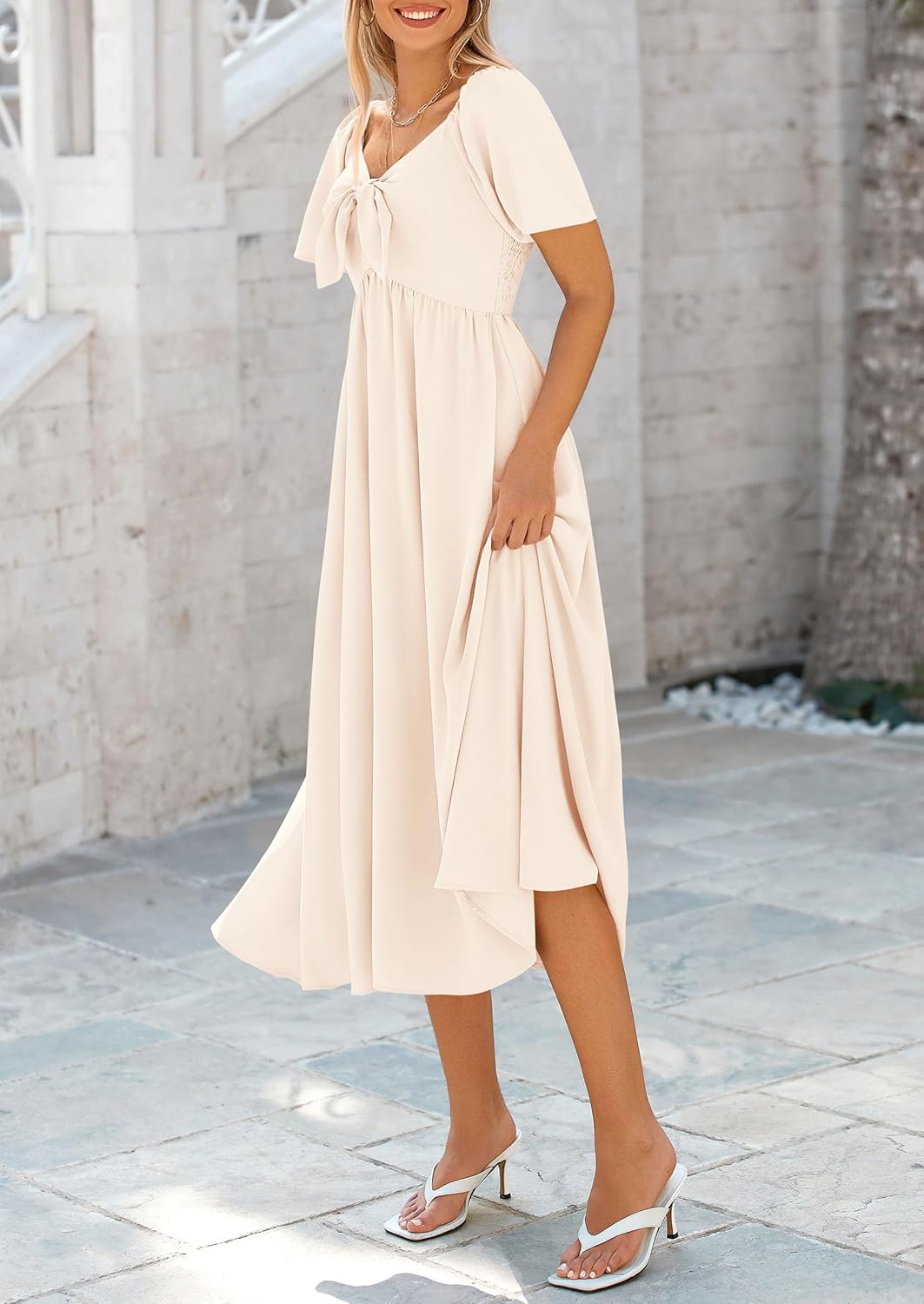 PRETTYGARDEN 2025 Summer Dress for Women Casual Short Sleeve Bow Tie V Neck Ruffle Midi Flowy Dresses