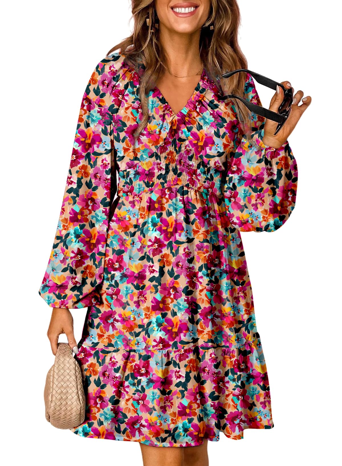 Dokotoo Womens Dresses 2025 Boho Floral V Neck Long Sleeve Smocked Elastic Waist Casual A-Line Swing Mini Dress Sundress