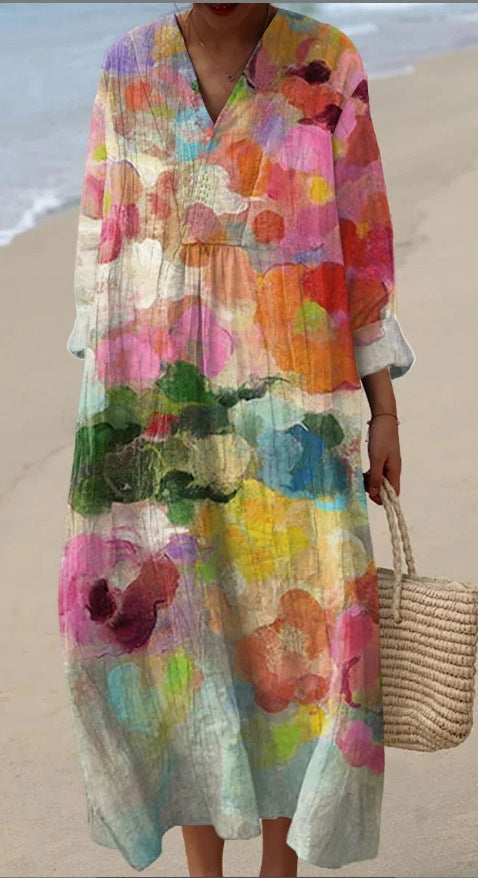 Lässiges Langarmkleid mit Blumenmuster und 3D-Print