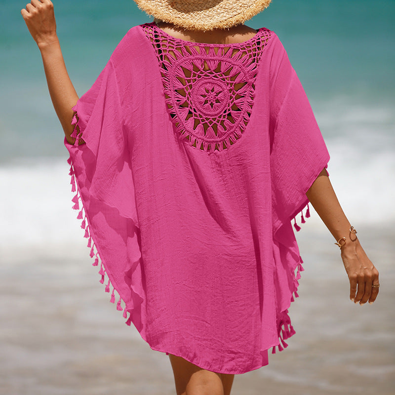 Winddichtes Strandkleid mit schulterfreiem Schnitt und losen Quasten