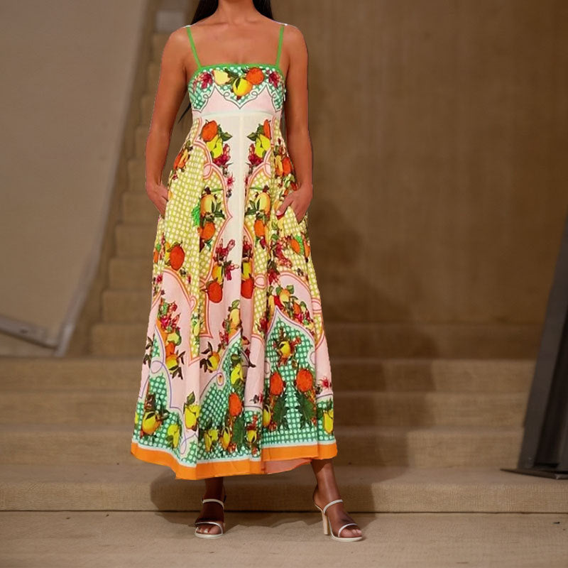 Böhmischer Stil Elegantes Freizeitkleid mit hoher Taille und bedrucktem Hosenträger