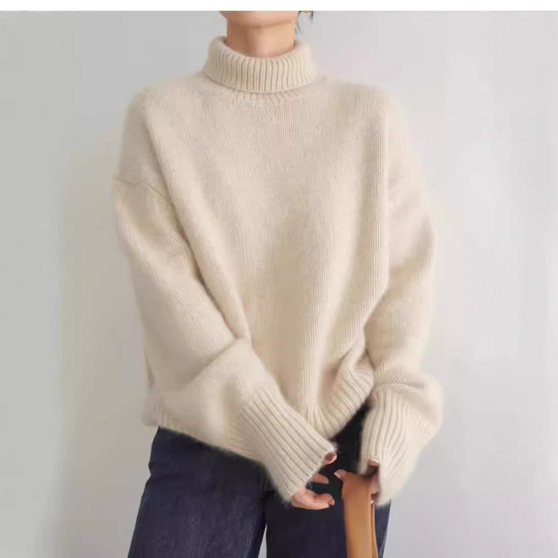 Strickpullover im Lazy-Style mit hohem Kragen für Damen weiche einfarbige Farbe lockere Innenbekleidung