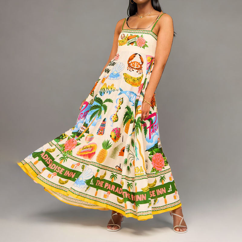 Böhmischer Stil Elegantes Freizeitkleid mit hoher Taille und bedrucktem Hosenträger