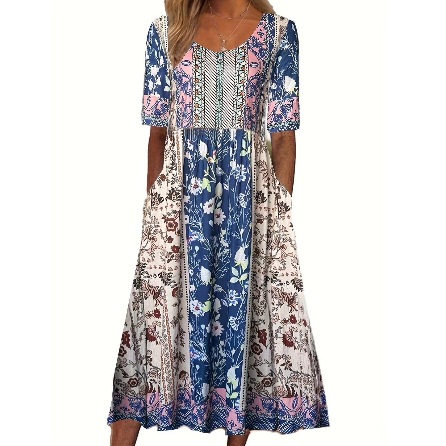Rundhals-Kurzarmkleid mit Bohemian-Print