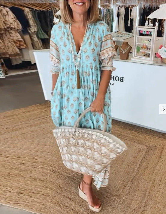 Bohemian V-Ausschnitt bedruckter Laternenärmel hoher Taille ausgestellter Rock