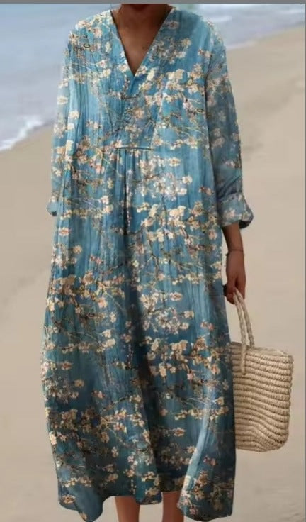 Lässiges Langarmkleid mit Blumenmuster und 3D-Print