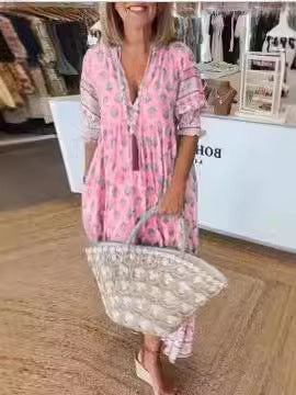 Bohemian V-Ausschnitt bedruckter Laternenärmel hoher Taille ausgestellter Rock