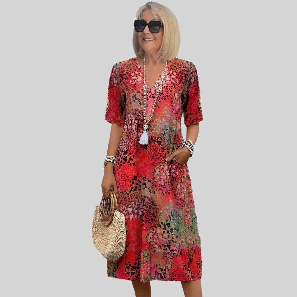Kleid mit V-Ausschnitt und Retro-Print