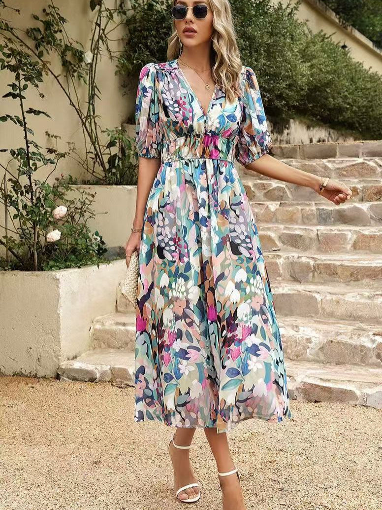 Böhmischer Stil Kleid mit V-Ausschnitt und Print