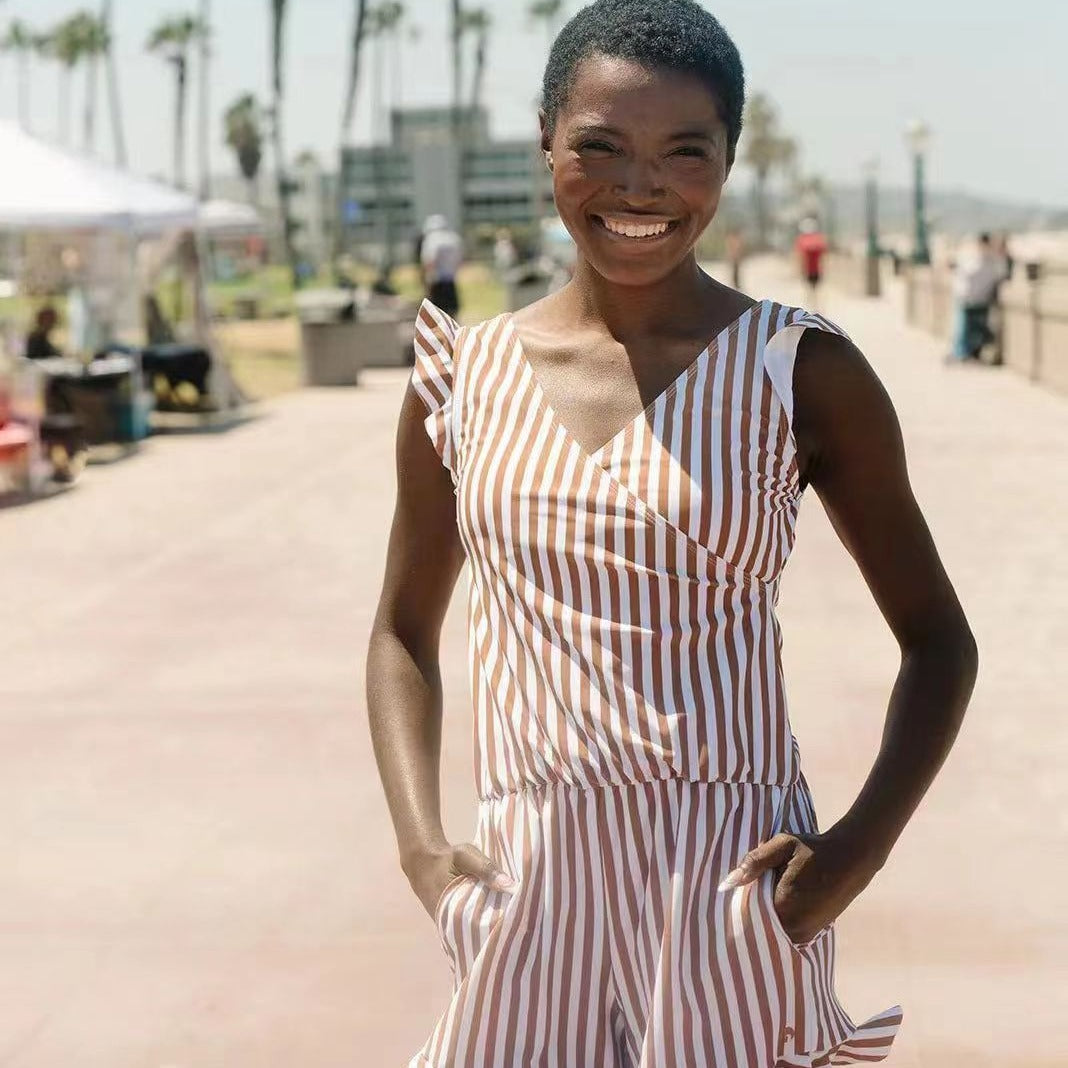 Gestreifter ärmelloser schmal geschnittener Pendler-Jumpsuit