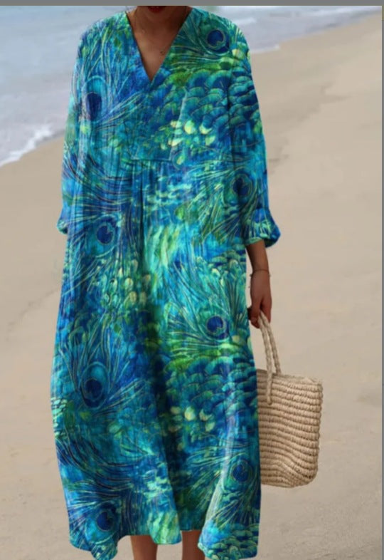 Lässiges Langarmkleid mit Blumenmuster und 3D-Print