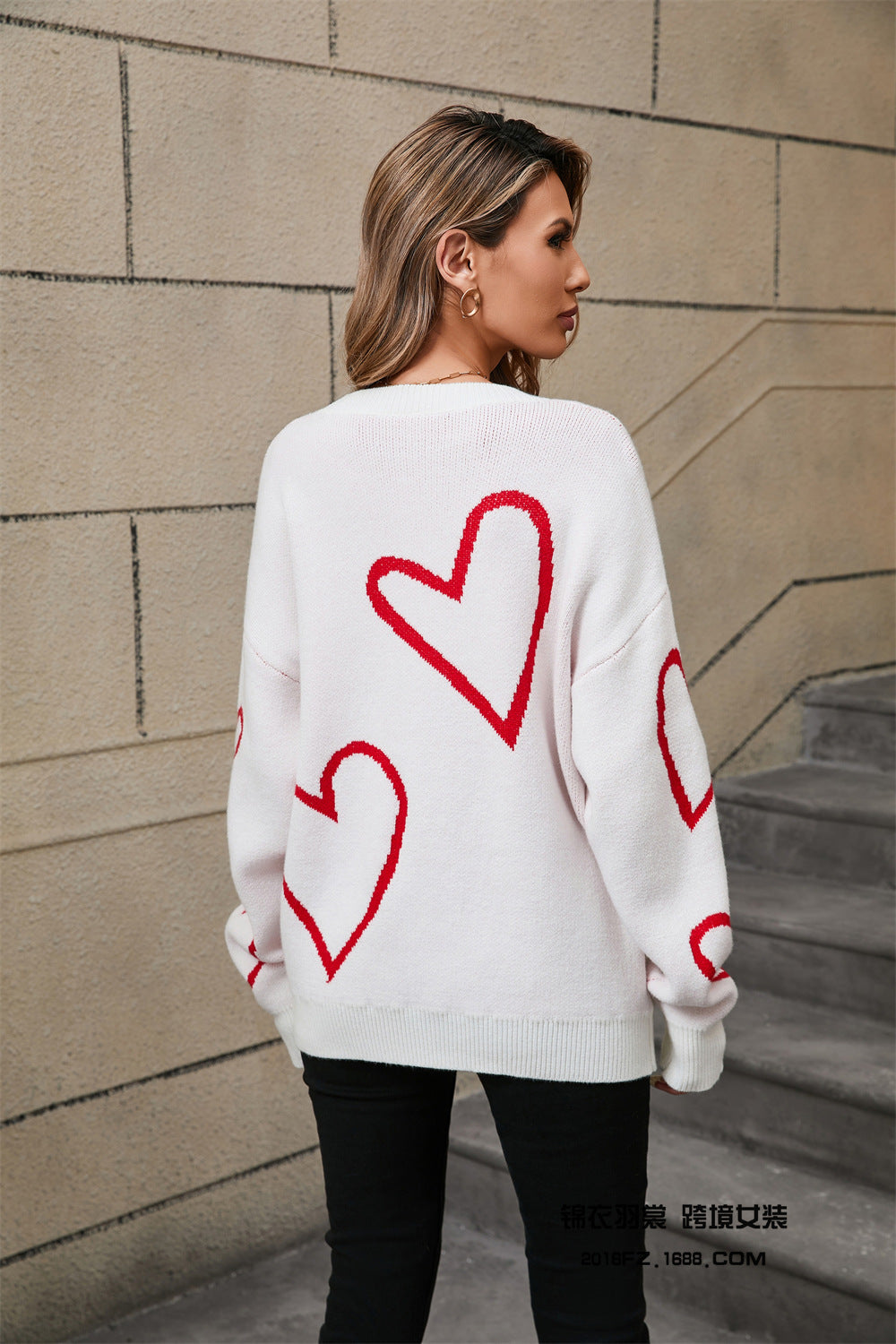 Herbst und Winter herzförmiger Rundhals-Strickpullover mit warmem